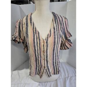 Drew Boho Anthropologie M Beverly Striped Linen Blend Blouse Indie Hippy Retro